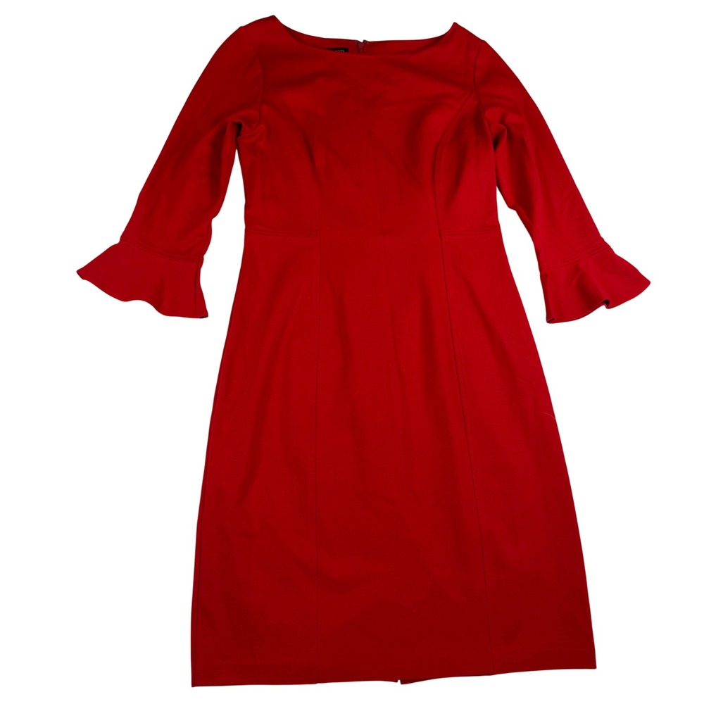 Talbots Red Sheath Dress 3/4 Flounce Sleeve Boat Neck Size 4